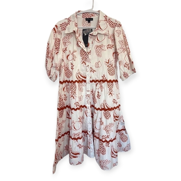 Meadow Rhodes Ric Rac Fruit Print Dress Small 100% Cotton Midi Tropical Modest - Picture 1 of 7